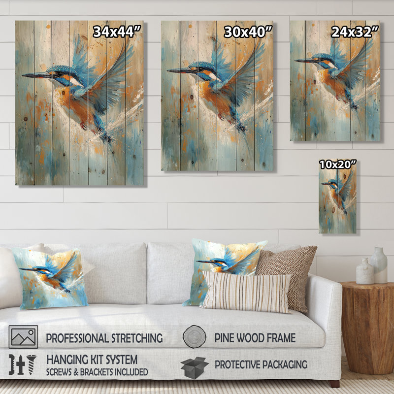 Martin-pêcheur bleu et orange près de la rivière - Décoration murale en bois d'oiseau - sur bois de pin naturel
