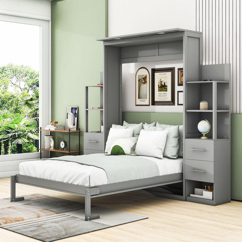 Lit escamotable avec tiroirs, tablettes et lumières DEL Murphy, Double, Gris