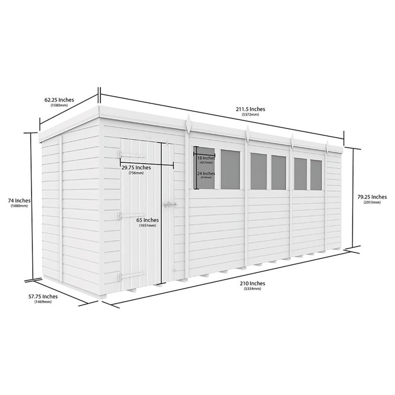 18ft x 5ft Pent Shed - Single Door with Windows