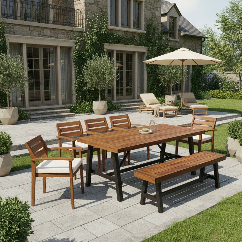 Ensemble de table de salle à manger 7 pièces en bois massif d'acacia avec 1 banc