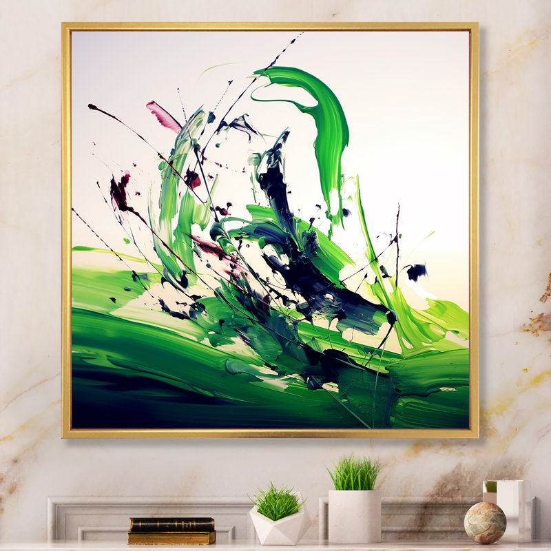 «Green and White Abstract Ink Expression IV», art mural abstrait, H 36 po x l 36 po x P 1,5 po, Cadre flottant doré