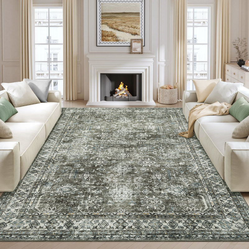 Vintage Machine Washable Rug for Living Room  Non Slip Non Shedding Floor Cover  Low Pile Carpet Foldable Floral Print Soft Mat for Nursery Bedroom Office
