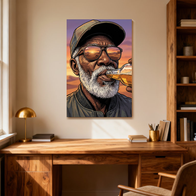 Mode, homme, boire, bière, coucher de soleil, fond, cap, lunettes de soleil, barbe