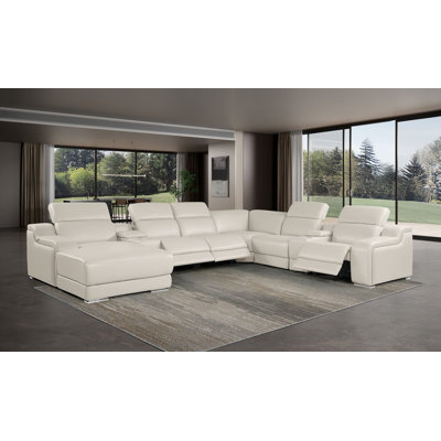 Canapé modulaire en forme de L crème en cuir italien de qualité supérieure de 8 pièces avec 3 fauteuils inclinables électriques et appuis-tête réglables crème