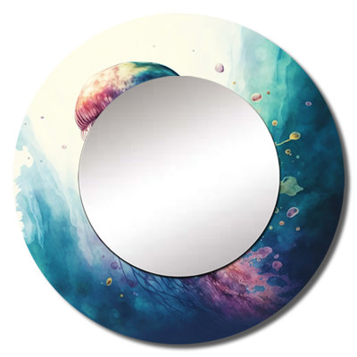 Colorful Deepsea Jellyfish V - Fish Mirror, Blue Round Decorative Wall Mirror, Printed Metal Art