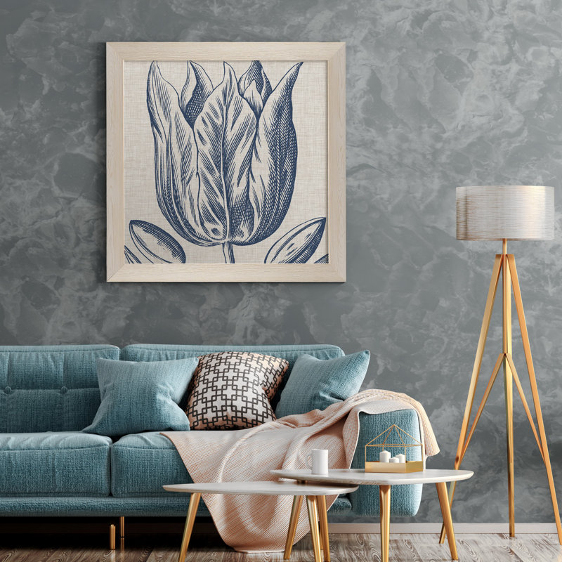 Indigo floral sur lin VI - reproduction encadrée de qualité supérieure - prêt à être accroché - impression encadrée sur papier