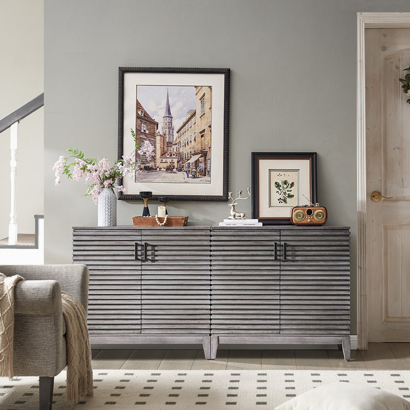 36" Fluted 2-Door Modern Sideboard, Distressed Door Accent Cabinet (Set Of 2), Gray