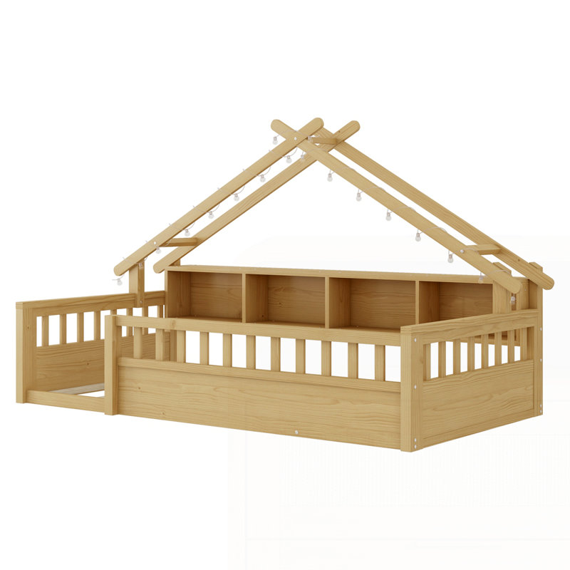 Lit en bois avec tablettes de rangement, Naturel