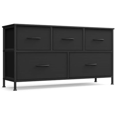 Commode pour chambre à coucher, commode, acier, panneau de fibres à densité moyenne, 5 tiroirs en tissu non tissé, unité de rangement, placard, entrée, noir encre et noir ébène