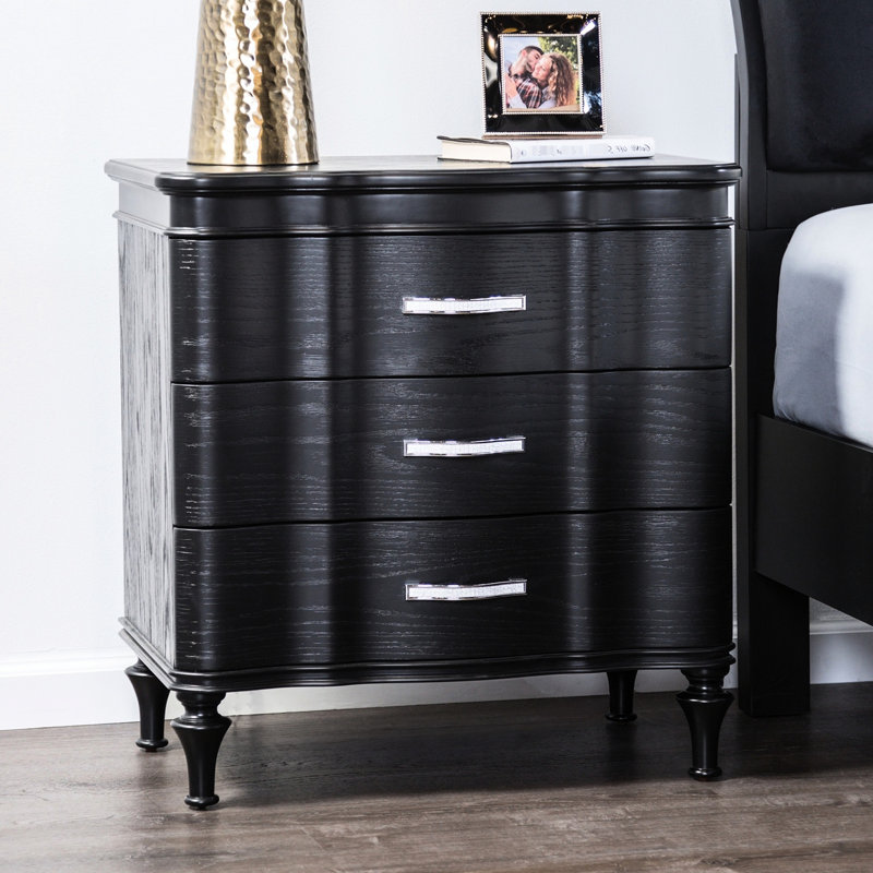 Table de chevet moderne à 3 tiroirs en bois massif noir pour la chambre à coucher, pieds tournés, poignées en acrylique, touches, panneaux avant courbés, tiroir supérieur doublé de feutre, poignée de bar à extension complète, assemblage facile