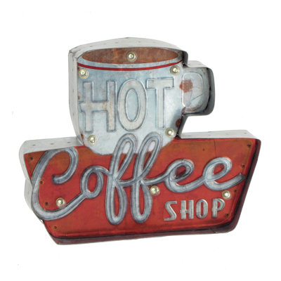 Metal Hanging Light-up Led "hot Coffee" Wall Sign