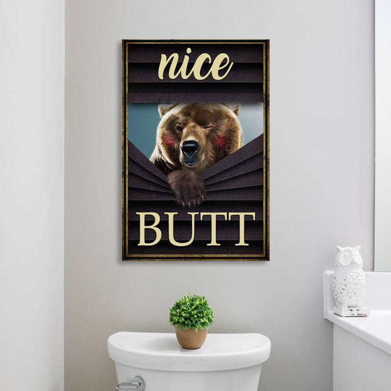 Ours peeping - jolie toile tendue avec toile tendue - décor d'illustrations animales pour salle de bain et buanderie, brun et noir, salle de bain