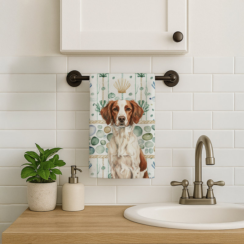 Liver and White Brittany Coastal Sea Glass Kitchen Towel, Liver and White Brittany