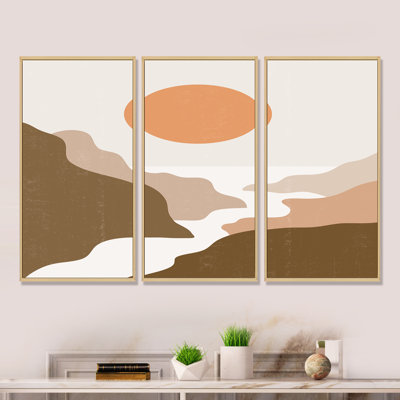 «Lanscape with Full Moon in Terracotta Tones», reproduction de cadre flottant sur toile 3 pièces