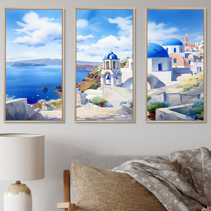 Grèce, paysage de Santorin III - Grèce, art mural, H 28 po x l 36 po, Cadre flottant brun