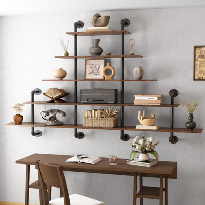 70" Industrial Pipe Shelving - 5 tier Rustic Solid Wood and Heavy Duty Metal Pipe Shelves for Wall,Kitchen Shelves Wall Mounted,Floating Bookshelf,Wal