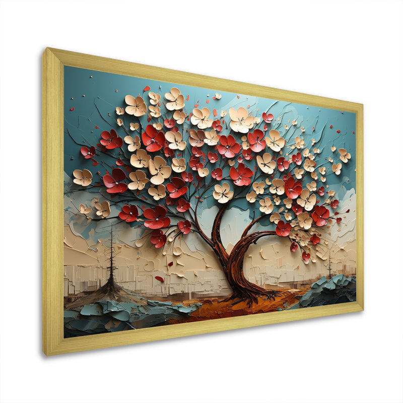 Arbre de fleur rouge et or au clair de lune beauté III - arbre, art mural, Cadre doré à coins fermés