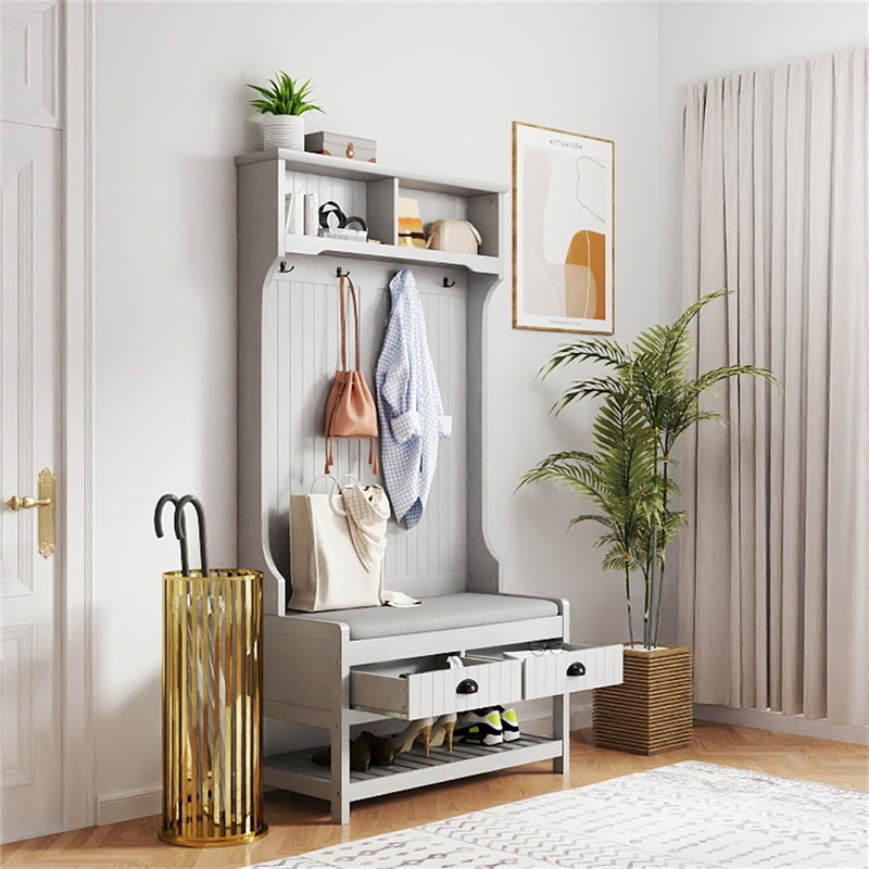 3-In-1 Hallway Hall Tree With 2 Storage Drawer And 4 Coat Rack