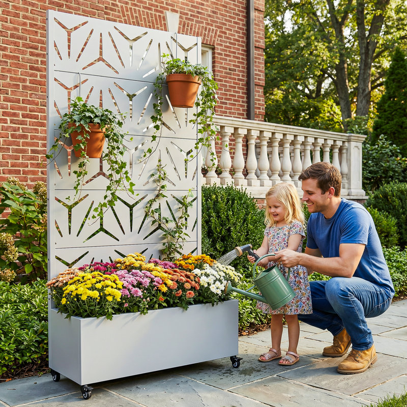Boîte à fleurs en métal avec treillis et roues, H 72 po x l 35 po x P 16 po, Blanc