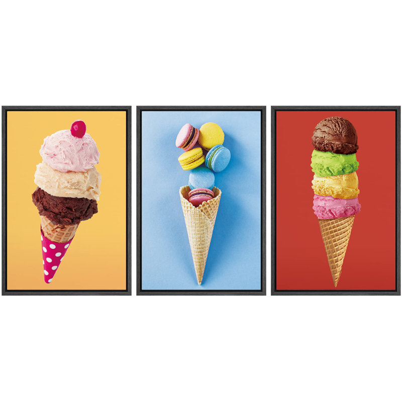 Stacked Ice Cream Cones & Macarons Food Dessert Photography Realism Contemporary Scenic, Black Floater Framed, 24" H x 48" W