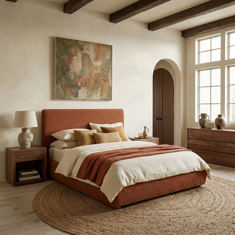 Callahan Upholstered Platform Bed, Queen, Rust Faux Sherpa