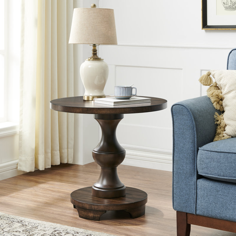 Caesar Traditional Round Pedestal End Table, Black, Brown