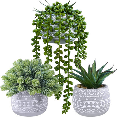 Ensemble de 3 plantes grasses artificielles en pots géométriques gris, faux aloès, houblon et ficelle de perles pour la maison et le bureau