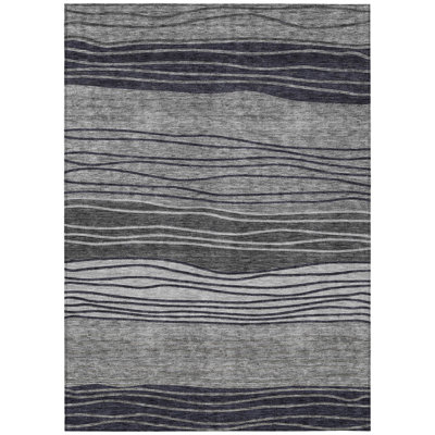 8' X 10' Gray Charcoal And Silver Striped Washable Indoor Outdoor Area Rug