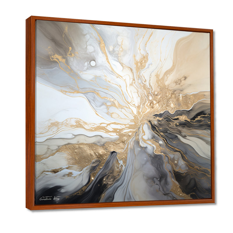 Explosion d'art liquide beige et noir, H 30 po x l 30 po x P 1 po, Cadre flottant brun