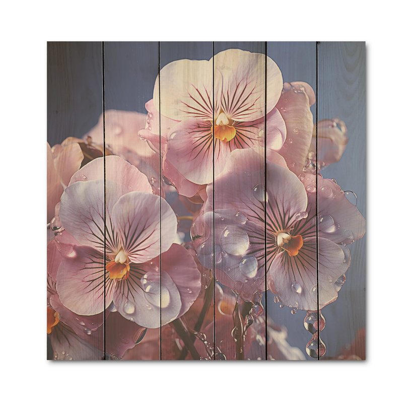 Pensées transparentes magiques roses - Art sur bois de pin naturel, H 15 po x l 15 po