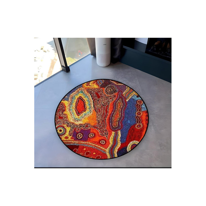 Tapis rond rond multicolore à motif abstrait lavable à la machine, Sous-tapis rond 4 pi 11 po inclus