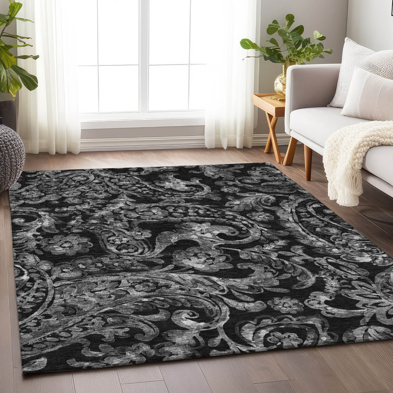 Premium Machine Washable Prisco Black Rug, Rectangle 3' x 5'