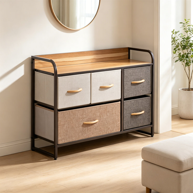 5-Drawer Dresser, Fabric Chest Of Drawers, 2-Tier Storage Organizer For Bedroom Entryway, Tower Unit With Steel Frame Wooden Top