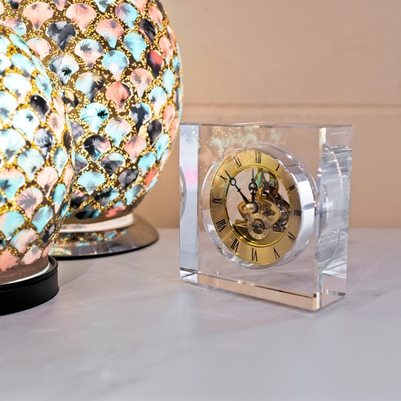 Roman Numeral Glass Mechanical Tabletop Clock in Clear Glass
