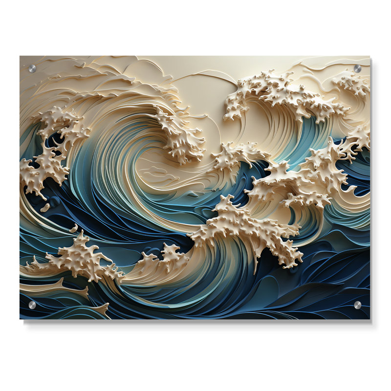 Art mural en acrylique Annison - vague blanche et bleue Papercut Style III, H 16 po x l 32 po