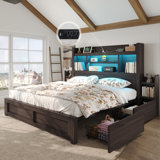 Farmhouse Bed Frame with Bookcase Headboard, 2 Detachable Racks, 4 Drawers & RGB LED