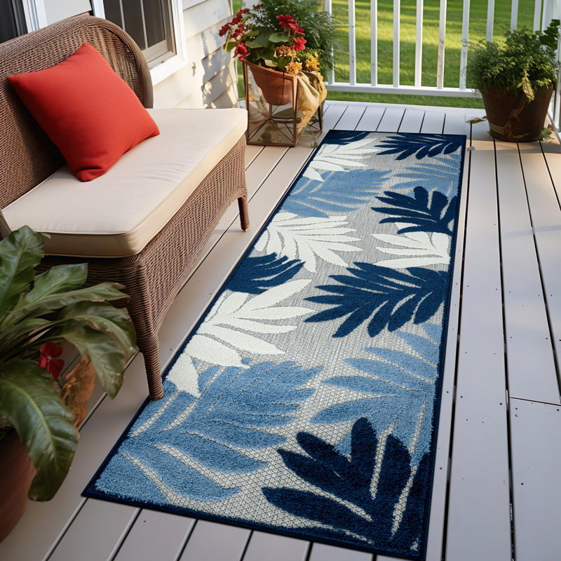 Tapis ivoire / bleu marine intérieur / extérieur Palm, Marine, Tapis de couloir de 2 pi x 7 pi