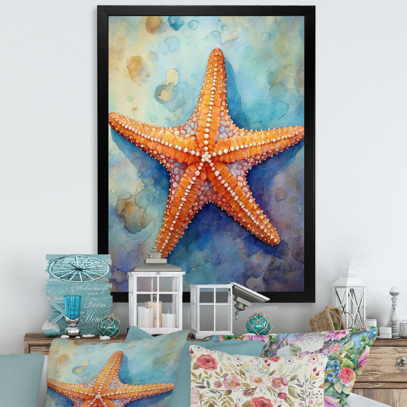 Spinny Starfish II - Starfish, art mural, H 20 po x l 12 po x P 1 po, Cadre simple noir