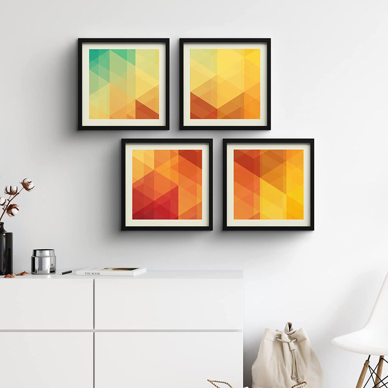 Vert, rouge et jaune à motif de triangles géométriques - ensemble de 4 impressions encadrées, Noir