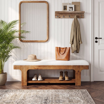 55.51 Inch Upholstered Entryway Bench, 2-Tier Solid Wood Shoe Bench with Cushion