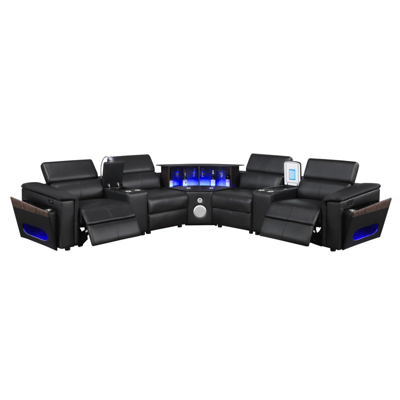 Canapé modulaire Nova avec 2 consoles (lampe de lecture + réfrigérateur), coin avec haut-parleur Bluetooth, DEL et armoire à vin relevable - noir