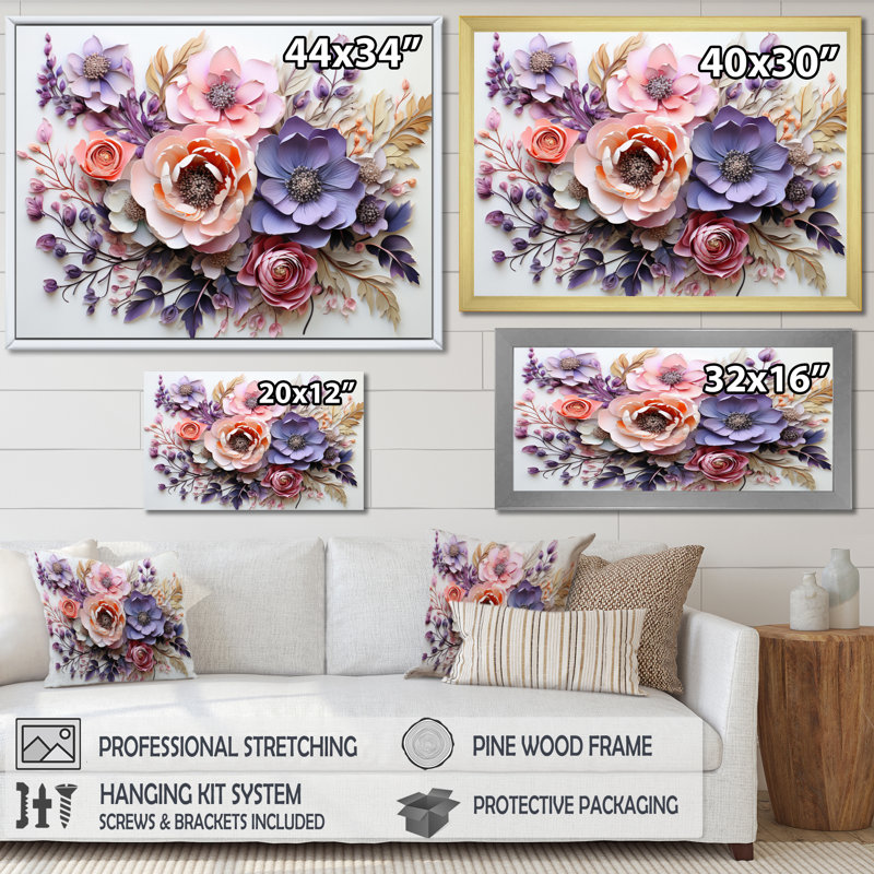 Fleurs délicates, art mural Dahlia pour le salon, Cadre flottant doré, H 16 po x l 32 po x P 1 po