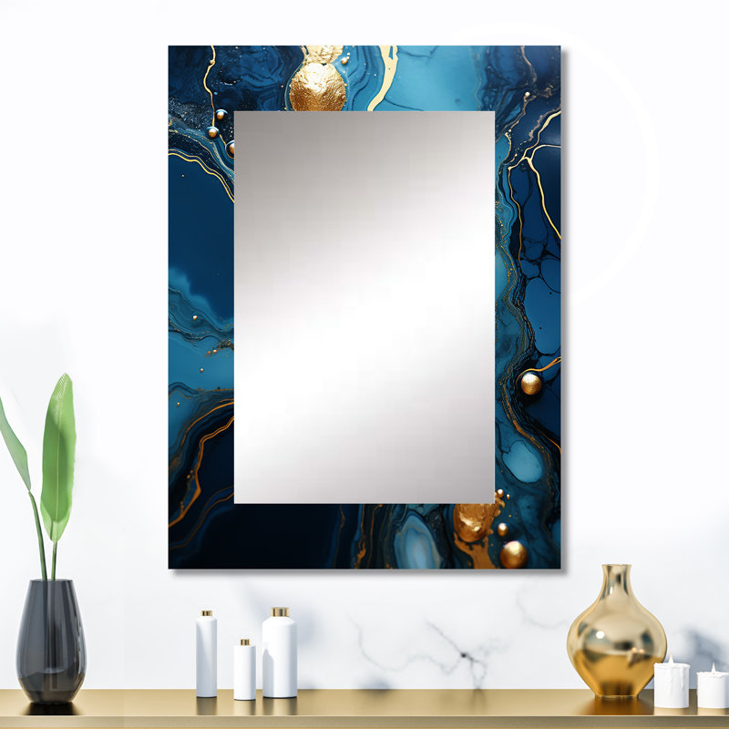 Or et mosaïque de marbre bleu saphir III - miroir unique abstrait, grand miroir mural moderne, art imprimé en métal