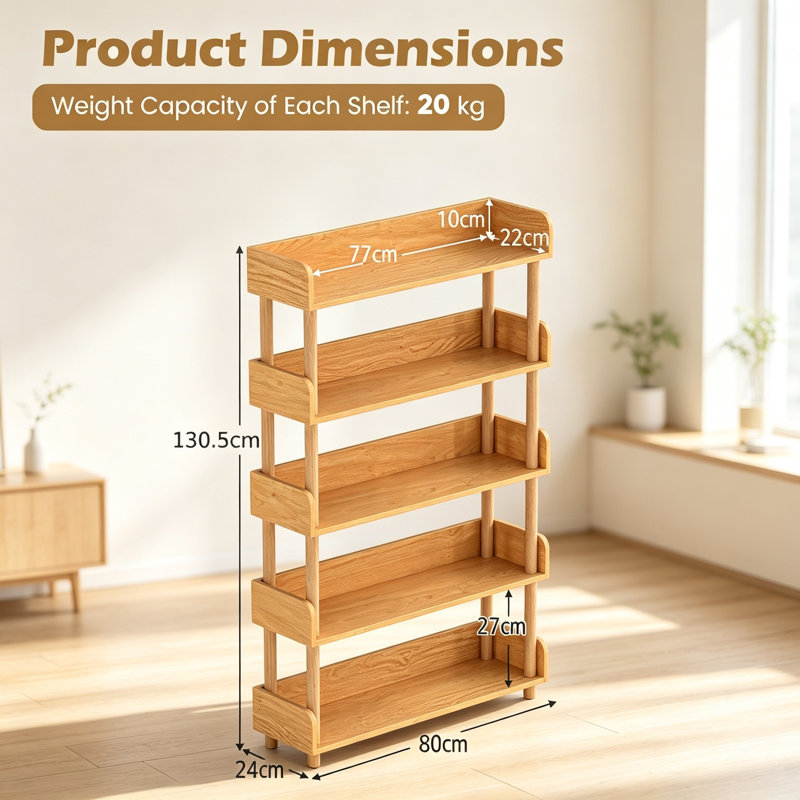 Book Display Bookcase with Solid Wood Posts, 5-Tier
