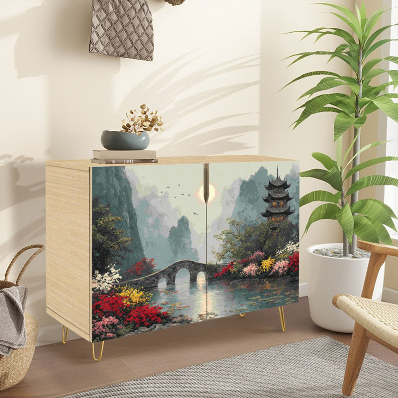 Buffet Buffet avec rangement Pagode asiatique traditionnelle paysage pierre pont coloré fleurs brumeuses avec 2 portes pour le salon et la cuisine
