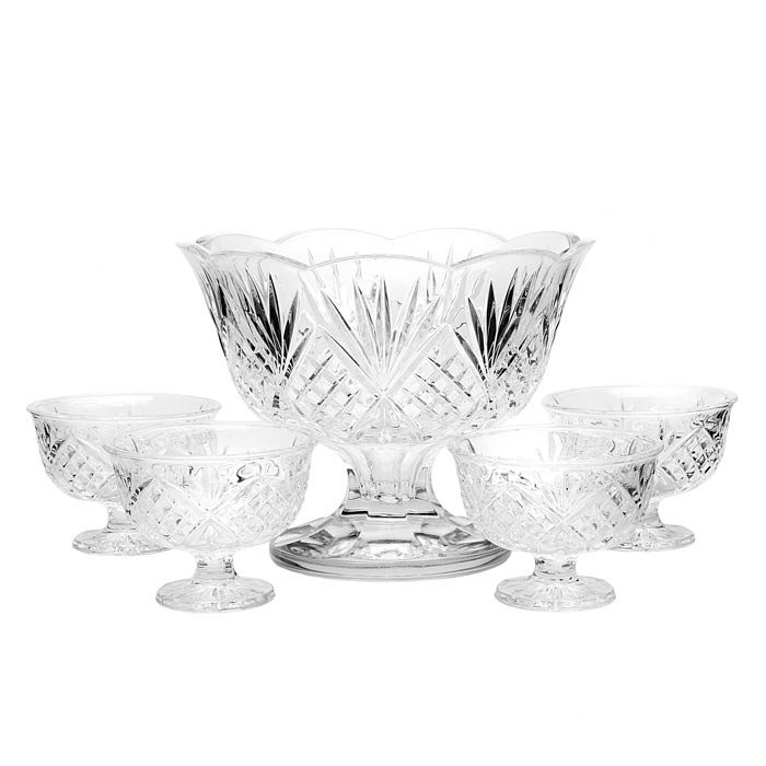 Dublin Crystal 5 Piece Scalloped Trifle Bowl 75oz & Ice Cream Bowl 10oz Set