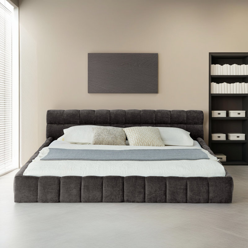 Modern Elegant Luxury Chenille Thick Fabric Upholstered Platform Bed Frame, Dark Grey