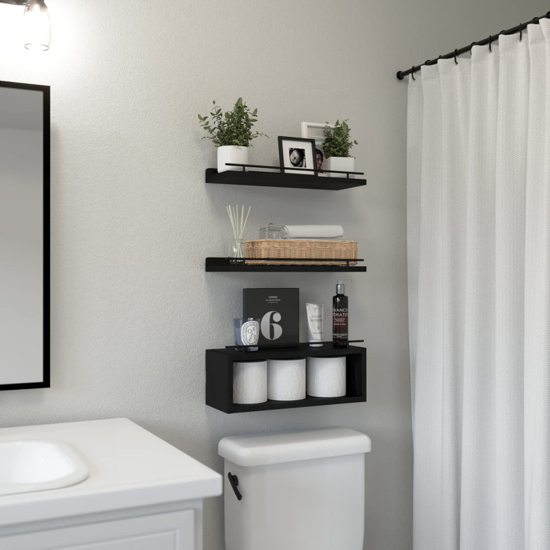 Floating Shelves For Wall With Cube Shelf, Wall Shelves With Metal Rail For Decor, Bathroom Organizers And Storage, Over Toilet Shelves For Bathroom, Black