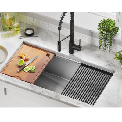 KRAUS Kore™ 36" L Undermount Workstation 16 Gauge Stainless Steel Single Bowl Kitchen Sink with Accessories