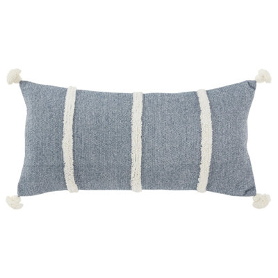 14" X 14" Blue and White Cotton Pillow With Tassels Edges